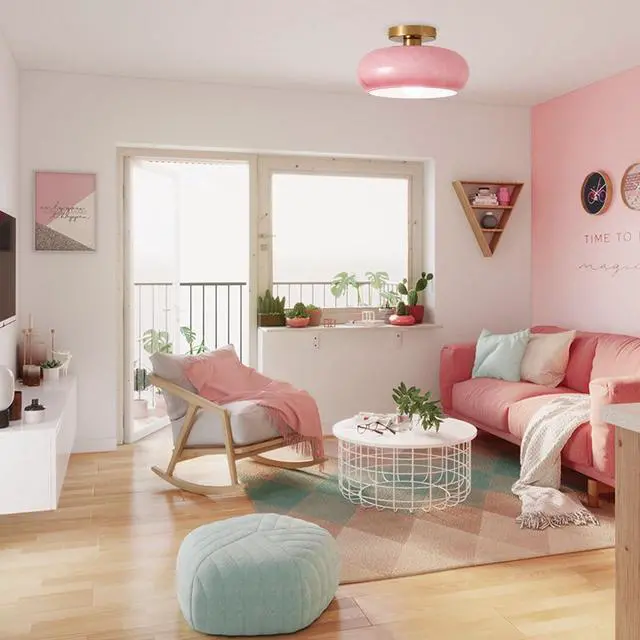 Alt view image 4 of 7 - 2-Lights Modern Flush Mount Ceiling Light Fixture Pink Glass Pendant Light with Dome Milk Shade Mid Century Close to Ceiling Lights Gold Brass Overhead Lighting for Entryway Hallway