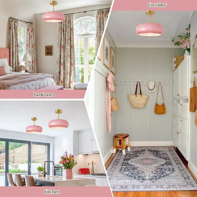 Alt view image 7 of 7 - Pink Ceiling Light Gold Modern Flush Mount Light Globe Semi Flush Mount Ceiling Light with Dome Glass Shade Mid Century Ceiling Lamp for Hallway Living Dining Room Entrance Bedroom (SemiFlush)