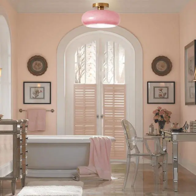 Alt view image 5 of 7 - 2-Lights Modern Flush Mount Ceiling Light Fixture Pink Glass Pendant Light with Dome Milk Shade Mid Century Close to Ceiling Lights Gold Brass Overhead Lighting for Entryway Hallway