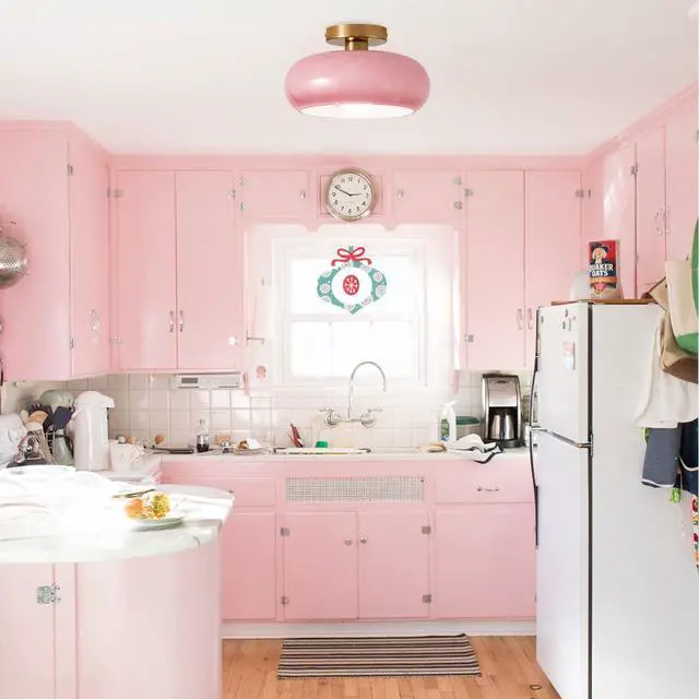 Alt view image 6 of 7 - 2-Lights Modern Flush Mount Ceiling Light Fixture Pink Glass Pendant Light with Dome Milk Shade Mid Century Close to Ceiling Lights Gold Brass Overhead Lighting for Entryway Hallway