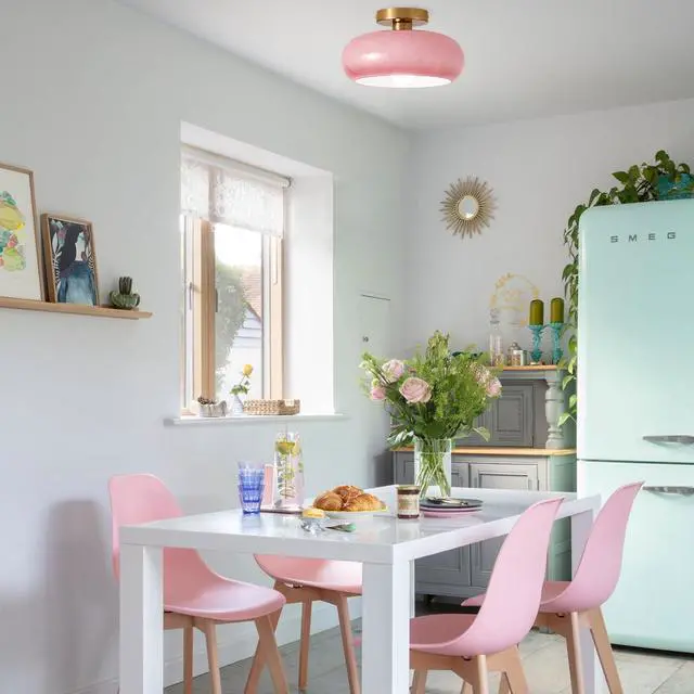 Alt view image 7 of 7 - 2-Lights Modern Flush Mount Ceiling Light Fixture Pink Glass Pendant Light with Dome Milk Shade Mid Century Close to Ceiling Lights Gold Brass Overhead Lighting for Entryway Hallway