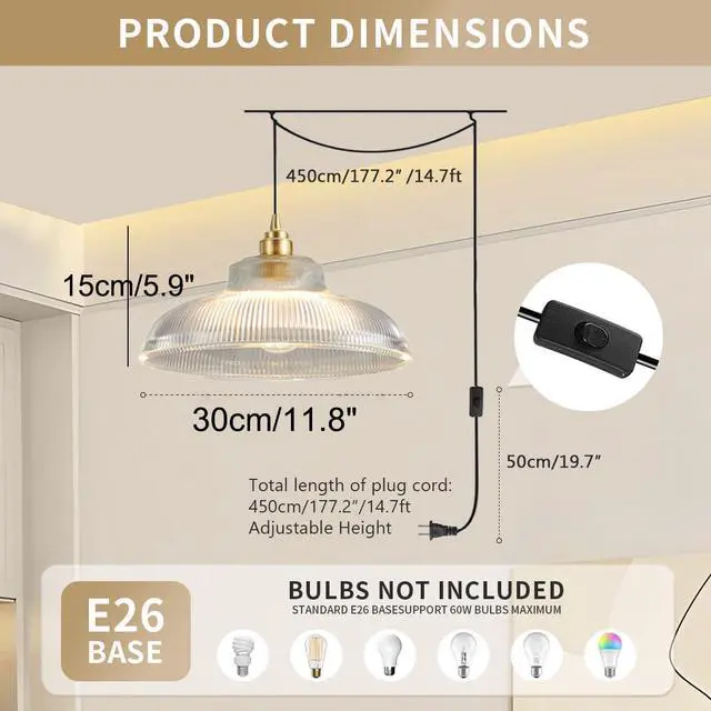 Alt view image 2 of 7 - Plug in Vintage Hanging Lamp Pendant Light Fixtures with 14.7ft Corded Clear Dome Shade Gold Brushed Brass Hanging Light Plug in Cord Glass Pendant Lamp Retro Mid Century Ceiling Lamp