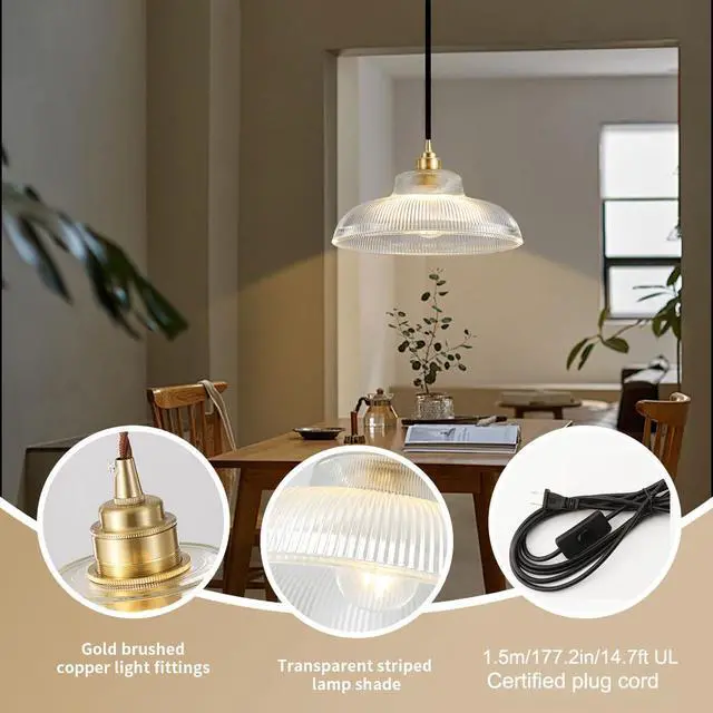 Alt view image 3 of 7 - Plug in Vintage Hanging Lamp Pendant Light Fixtures with 14.7ft Corded Clear Dome Shade Gold Brushed Brass Hanging Light Plug in Cord Glass Pendant Lamp Retro Mid Century Ceiling Lamp