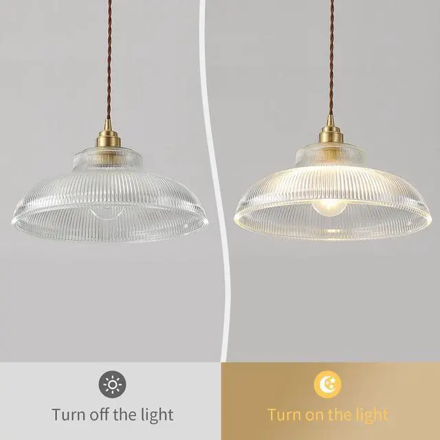 Alt view image 6 of 7 - Small Glass Pendant Light Fixtures One-Light Gold Brass Dining Room Decor mid Century Modern Hanging Pendant Lamp Clear Dome Shade Striped Light Fixture for Kitchen Island