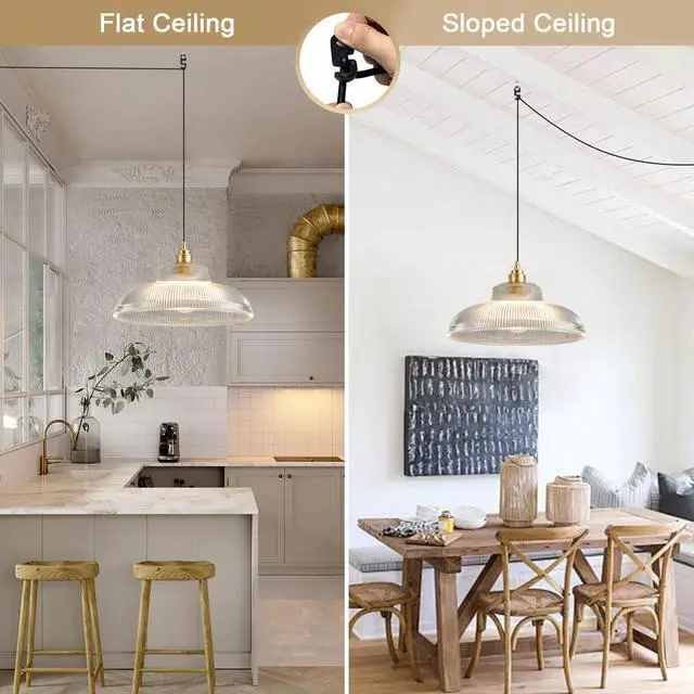 Alt view image 6 of 7 - Plug in Vintage Hanging Lamp Pendant Light Fixtures with 14.7ft Corded Clear Dome Shade Gold Brushed Brass Hanging Light Plug in Cord Glass Pendant Lamp Retro Mid Century Ceiling Lamp