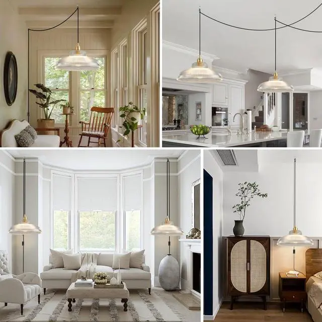 Alt view image 5 of 7 - Plug in Vintage Hanging Lamp Pendant Light Fixtures with 14.7ft Corded Clear Dome Shade Gold Brushed Brass Hanging Light Plug in Cord Glass Pendant Lamp Retro Mid Century Ceiling Lamp