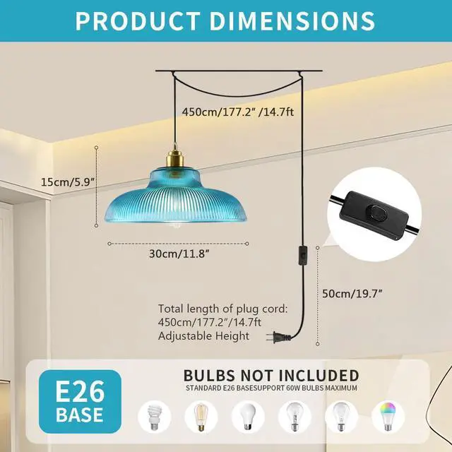 Alt view image 2 of 7 - Blue Glass Hanging Lamp Plug in Pendant Light Vintage Plug in Light | 14.7 ft cord On/Off Switch Modern Industrial Hanging Pendant Lamp Swag in Chandelier Ceiling Fixture Living Room Dining room