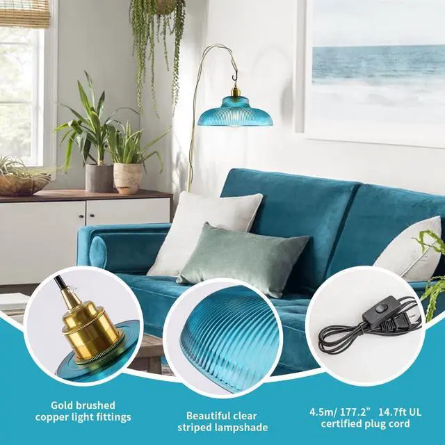 Alt view image 3 of 7 - Blue Glass Hanging Lamp Plug in Pendant Light Vintage Plug in Light | 14.7 ft cord On/Off Switch Modern Industrial Hanging Pendant Lamp Swag in Chandelier Ceiling Fixture Living Room Dining room