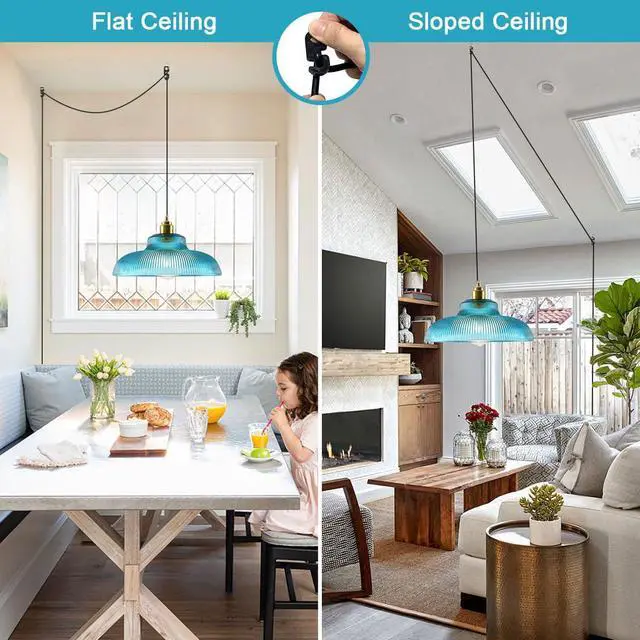 Alt view image 4 of 7 - Blue Glass Hanging Lamp Plug in Pendant Light Vintage Plug in Light | 14.7 ft cord On/Off Switch Modern Industrial Hanging Pendant Lamp Swag in Chandelier Ceiling Fixture Living Room Dining room