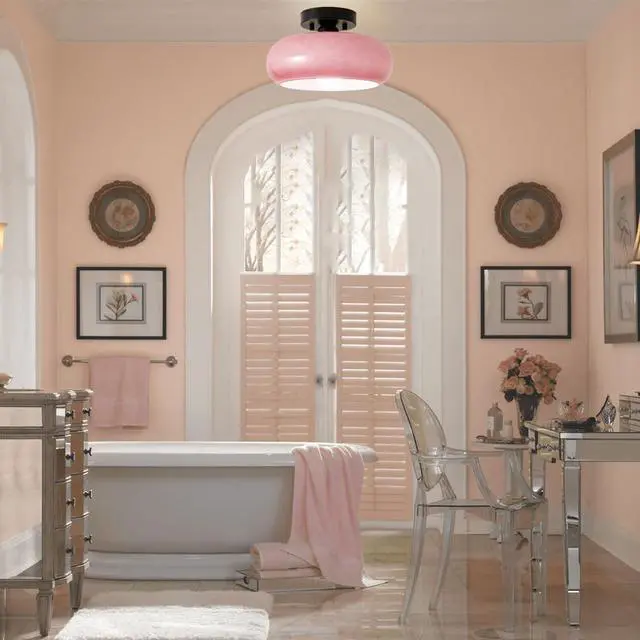 Alt view image 5 of 7 - Flush Mount Ceiling Light Fixture Black Brass Ceiling Lamp Milk Pink Dome Shade Mid-Century Modern Semi Flush Mount Light Glass Globe Close to Lights Fixtures Hallway Entrance Bedroom