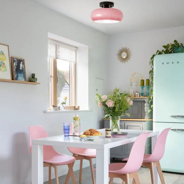 Alt view image 7 of 7 - Flush Mount Ceiling Light Fixture Black Brass Ceiling Lamp Milk Pink Dome Shade Mid-Century Modern Semi Flush Mount Light Glass Globe Close to Lights Fixtures Hallway Entrance Bedroom