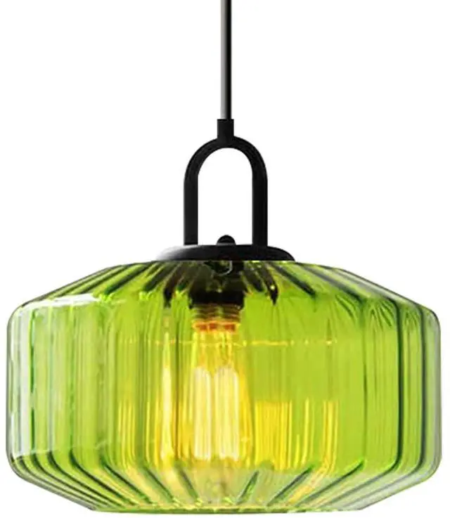 Main image of Green Glass Hanging Light mid Century Modern Chandelier Pendant Lamps Striped Glass Shade Adjustable Cord Hanging Ceiling Lighting Fixture for Dining Room Kitchen Island Bedroom