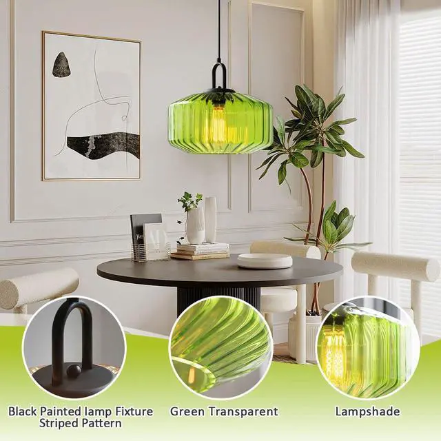 Alt view image 3 of 7 - Green Glass Hanging Light mid Century Modern Chandelier Pendant Lamps Striped Glass Shade Adjustable Cord Hanging Ceiling Lighting Fixture for Dining Room Kitchen Island Bedroom