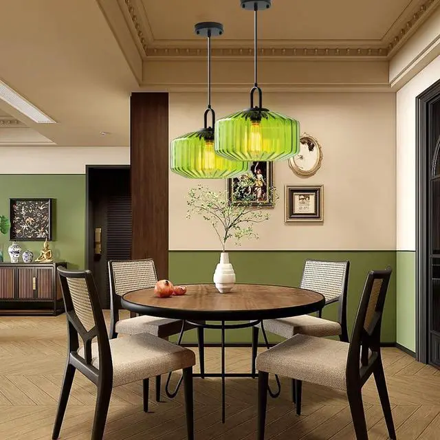 Alt view image 4 of 7 - Green Glass Hanging Light mid Century Modern Chandelier Pendant Lamps Striped Glass Shade Adjustable Cord Hanging Ceiling Lighting Fixture for Dining Room Kitchen Island Bedroom