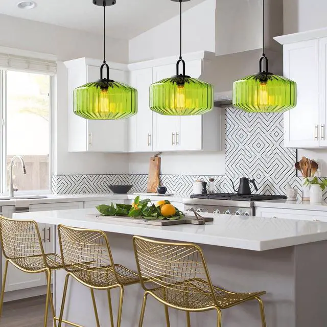 Alt view image 5 of 7 - Green Glass Hanging Light mid Century Modern Chandelier Pendant Lamps Striped Glass Shade Adjustable Cord Hanging Ceiling Lighting Fixture for Dining Room Kitchen Island Bedroom