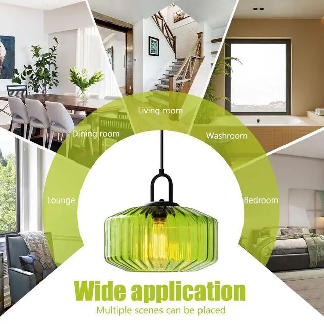 Alt view image 6 of 7 - Green Glass Hanging Light mid Century Modern Chandelier Pendant Lamps Striped Glass Shade Adjustable Cord Hanging Ceiling Lighting Fixture for Dining Room Kitchen Island Bedroom