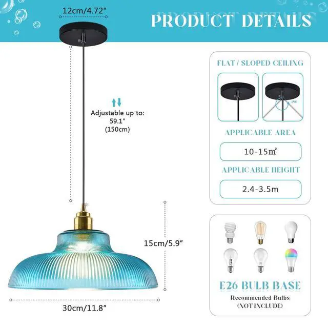 Alt view image 2 of 7 - Blue Glass Pendant Light Fixtures Small Teal One-Light Gold Ceiling Pendant Lamp Blue Green Dome Glass Shade Mid Century Modern Hanging Pendant Light for Living Dining Room Kitchen