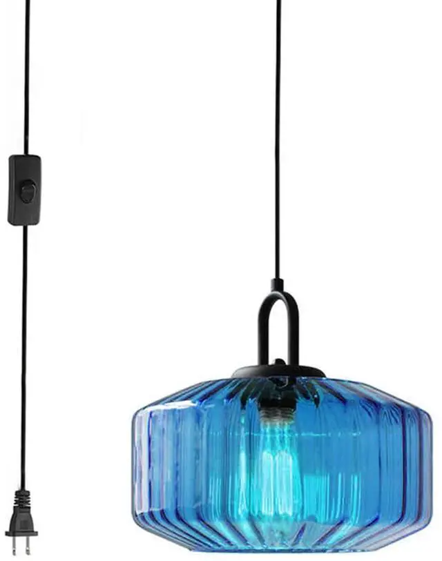 Main image of Plug in Hanging Light Fixture Blue Glass Pendant Lamp with 14.7 ft Cord On/Off Switch Mid Century Hanging Lamp Striped Glass Shade Plug in Cord Pendant Light for Living Room Kitchen