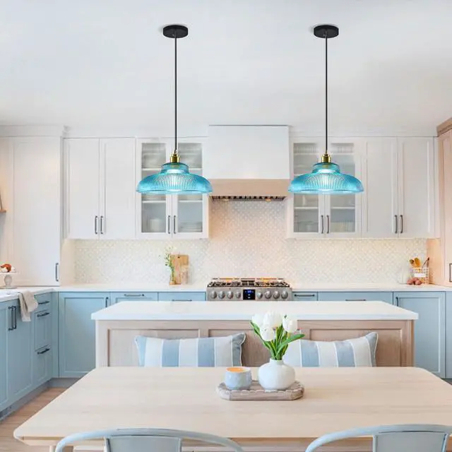 Alt view image 7 of 7 - Blue Glass Pendant Light Fixtures Small Teal One-Light Gold Ceiling Pendant Lamp Blue Green Dome Glass Shade Mid Century Modern Hanging Pendant Light for Living Dining Room Kitchen