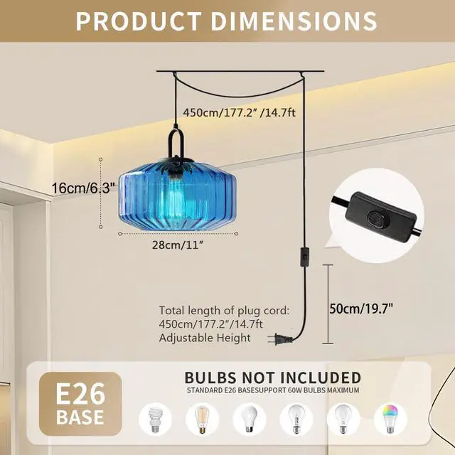 Alt view image 2 of 7 - Plug in Hanging Light Fixture Blue Glass Pendant Lamp with 14.7 ft Cord On/Off Switch Mid Century Hanging Lamp Striped Glass Shade Plug in Cord Pendant Light for Living Room Kitchen