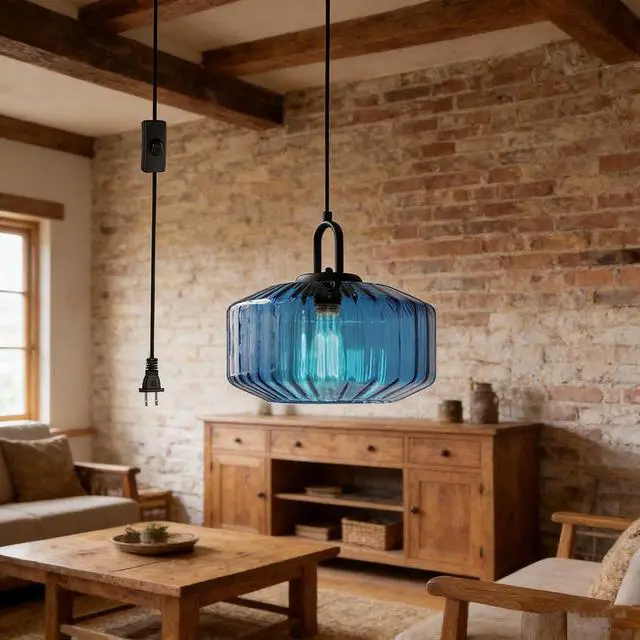 Alt view image 5 of 7 - Plug in Hanging Light Fixture Blue Glass Pendant Lamp with 14.7 ft Cord On/Off Switch Mid Century Hanging Lamp Striped Glass Shade Plug in Cord Pendant Light for Living Room Kitchen