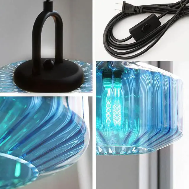 Alt view image 3 of 7 - Plug in Hanging Light Fixture Blue Glass Pendant Lamp with 14.7 ft Cord On/Off Switch Mid Century Hanging Lamp Striped Glass Shade Plug in Cord Pendant Light for Living Room Kitchen