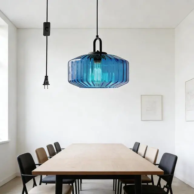 Alt view image 6 of 7 - Plug in Hanging Light Fixture Blue Glass Pendant Lamp with 14.7 ft Cord On/Off Switch Mid Century Hanging Lamp Striped Glass Shade Plug in Cord Pendant Light for Living Room Kitchen