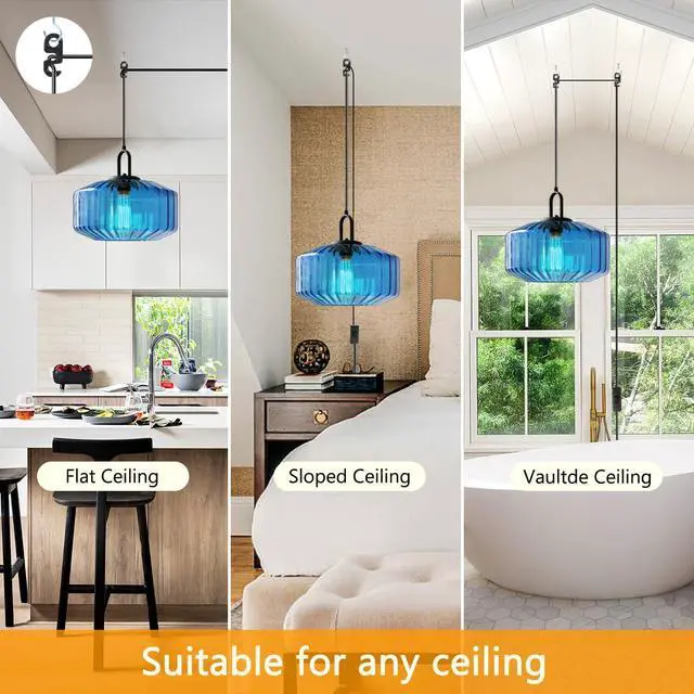 Alt view image 4 of 7 - Plug in Hanging Light Fixture Blue Glass Pendant Lamp with 14.7 ft Cord On/Off Switch Mid Century Hanging Lamp Striped Glass Shade Plug in Cord Pendant Light for Living Room Kitchen