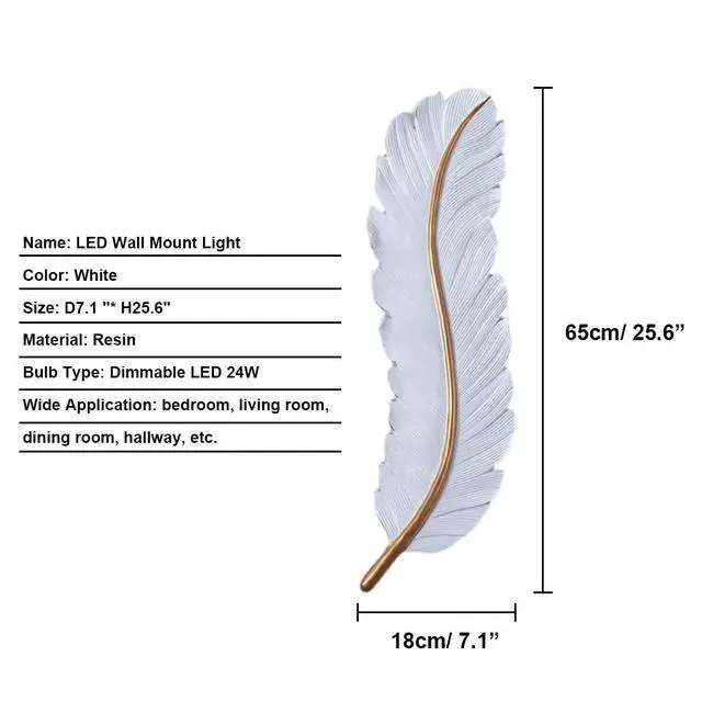 Alt view image 6 of 7 - Wall Sconce for Bedroom, Modern LED Wall Mount Light 3000K-6000K 24W Dimmable LED Wall Light Fixtures White Feather Wall Lamp for Bedroom Living Room Hallway (1-Pack)