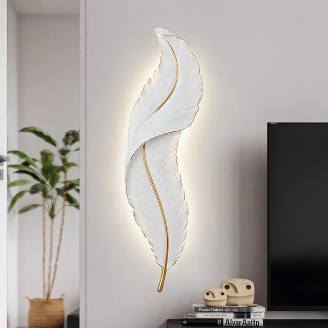 Alt view image 5 of 7 - LED Wall Sconces Set of Two Modern Wall Sconce Light White Feather Wall Lamp with Unique Creative Resin Design Mid-Century Elegant Wall Lights for Bedroom Living Room Hallway