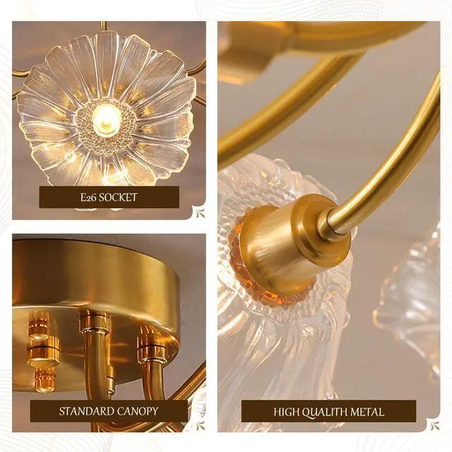 Alt view image 3 of 7 - Mid Century Modern Close to Ceiling Light Fixtures Flower Flush Mount Ceiling Lights Glass Chandelier 3-Light Gold Brass Overhead Light Sputnik Ceiling Lighting for Dining Living Room
