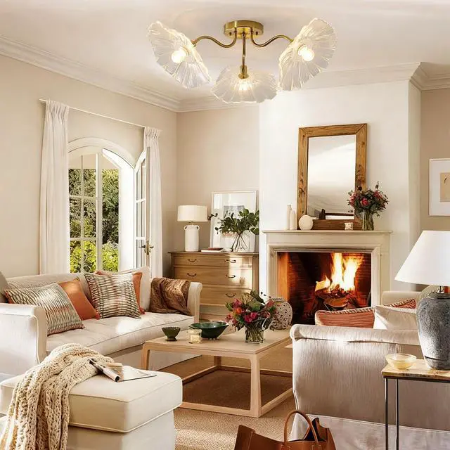 Alt view image 5 of 7 - Mid Century Modern Close to Ceiling Light Fixtures Flower Flush Mount Ceiling Lights Glass Chandelier 3-Light Gold Brass Overhead Light Sputnik Ceiling Lighting for Dining Living Room