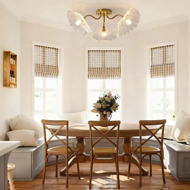 Alt view image 6 of 7 - Mid Century Modern Close to Ceiling Light Fixtures Flower Flush Mount Ceiling Lights Glass Chandelier 3-Light Gold Brass Overhead Light Sputnik Ceiling Lighting for Dining Living Room