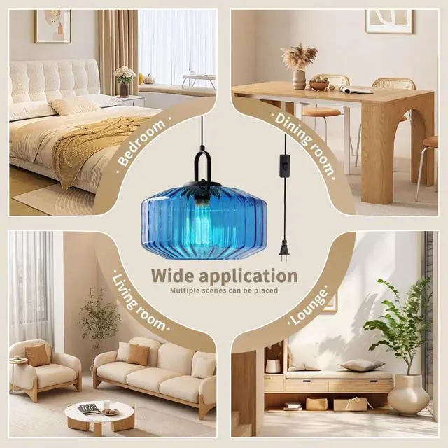 Alt view image 7 of 7 - Plug in Hanging Light Fixture Blue Glass Pendant Lamp with 14.7 ft Cord On/Off Switch Mid Century Hanging Lamp Striped Glass Shade Plug in Cord Pendant Light for Living Room Kitchen