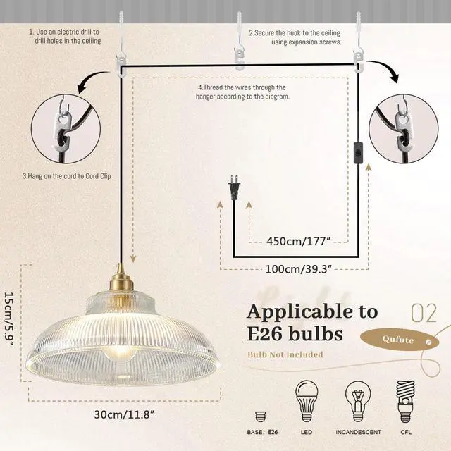 Alt view image 2 of 7 - Vintage Plug in Pendant Light Fixtures Mid Century Hanging Lamp with Rope Cord Clear Dome Shade Gold Brass Pendant Lighting Fixture Retro Plug in Hanging Light for Living Room Kitchen