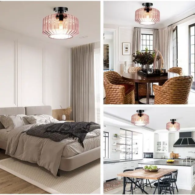 Alt view image 7 of 7 - Large Glass Ceiling Light Fixture Mid Century Flush Mount Ceiling Lights Pink Striped Glass Shade Dome Design Modern Close to Light Hallway Vintage Semi Flush Mount Pendant Lights