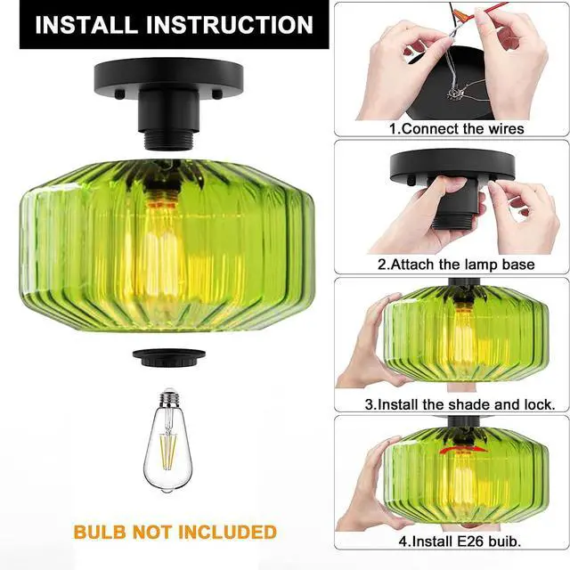 Alt view image 3 of 7 - Mid Century Flush Mount Ceiling Lights Green Glass Ceiling Light with Striped Glass Globe Shade Vintage Modern Semi Flush Mount Ceiling Light Green Light Fixture for Hallway