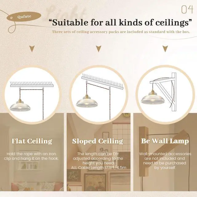 Alt view image 4 of 7 - Vintage Plug in Pendant Light Fixtures Mid Century Hanging Lamp with Rope Cord Clear Dome Shade Gold Brass Pendant Lighting Fixture Retro Plug in Hanging Light for Living Room Kitchen