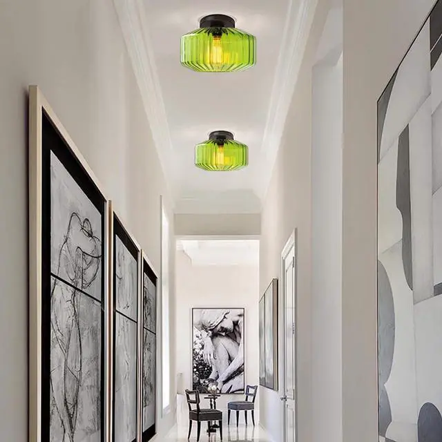 Alt view image 4 of 7 - Mid Century Flush Mount Ceiling Lights Green Glass Ceiling Light with Striped Glass Globe Shade Vintage Modern Semi Flush Mount Ceiling Light Green Light Fixture for Hallway