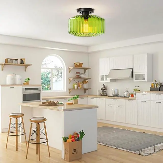 Alt view image 5 of 7 - Mid Century Flush Mount Ceiling Lights Green Glass Ceiling Light with Striped Glass Globe Shade Vintage Modern Semi Flush Mount Ceiling Light Green Light Fixture for Hallway