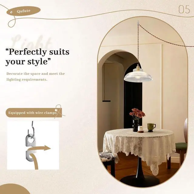 Alt view image 5 of 7 - Vintage Plug in Pendant Light Fixtures Mid Century Hanging Lamp with Rope Cord Clear Dome Shade Gold Brass Pendant Lighting Fixture Retro Plug in Hanging Light for Living Room Kitchen