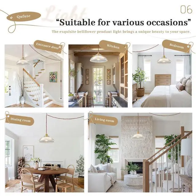 Alt view image 6 of 7 - Vintage Plug in Pendant Light Fixtures Mid Century Hanging Lamp with Rope Cord Clear Dome Shade Gold Brass Pendant Lighting Fixture Retro Plug in Hanging Light for Living Room Kitchen