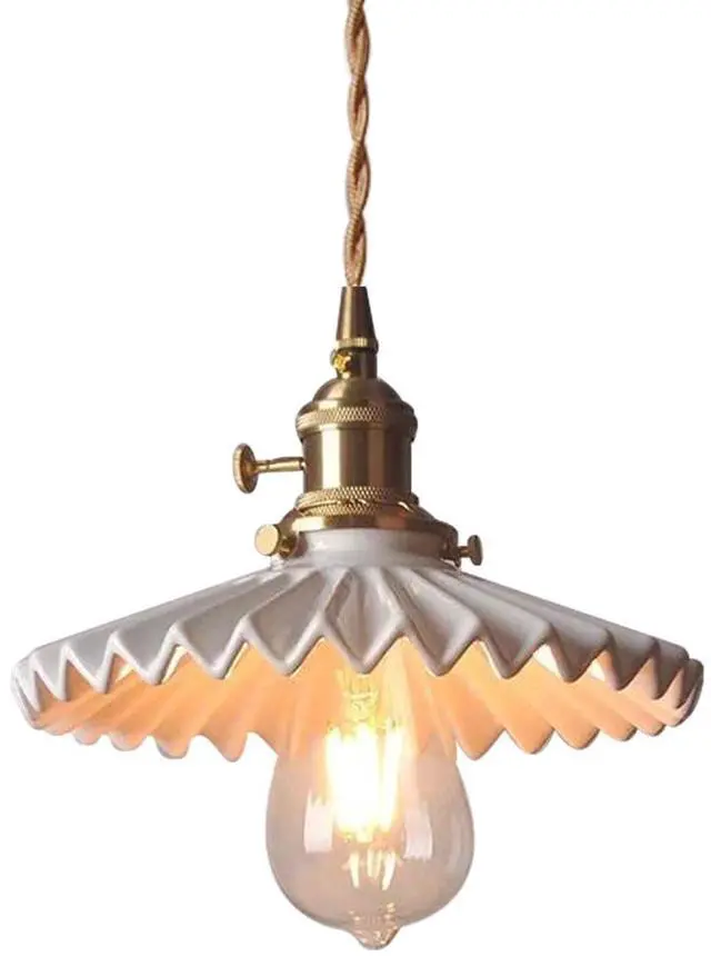 Main image of Ceramic Pendant Light Fixture White Hanging Light Vintage Modern Pendant Lights Scalloped Ceramics Shade Gold Brass Hanging Lights Adjustable Cord Kitchen Island Ceiling Hanging Lamp