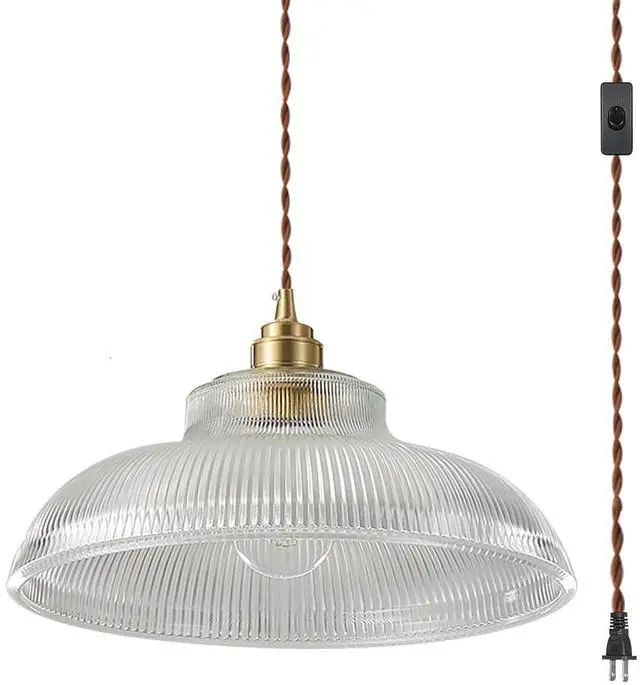 Main image of Vintage Plug in Pendant Light Fixtures Mid Century Hanging Lamp with Rope Cord Clear Dome Shade Gold Brass Pendant Lighting Fixture Retro Plug in Hanging Light for Living Room Kitchen