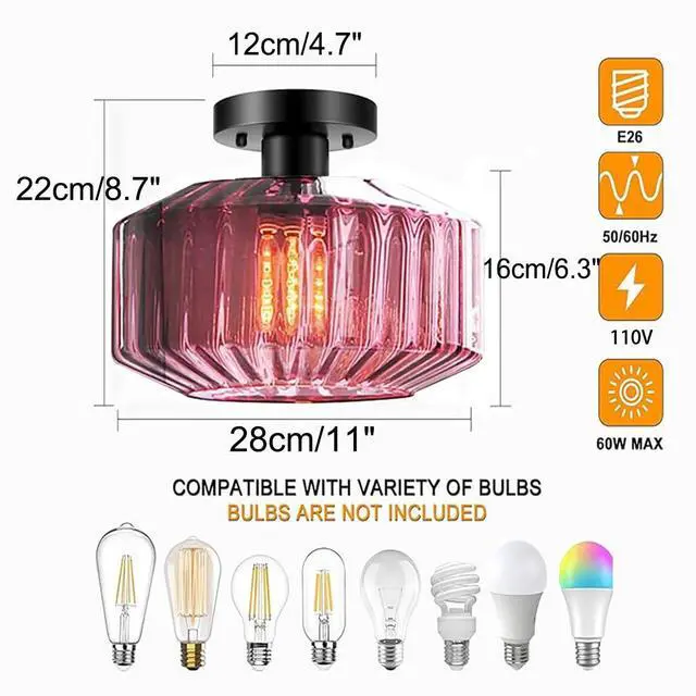 Alt view image 2 of 7 - Purple Ceiling Light Glass Flush Mount Ceiling Light Mid Century Modern Lights Fixtures with Striped Shade Semi Flush Mount Lamp for Bedroom Dining Room Hallway