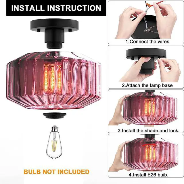 Alt view image 3 of 7 - Purple Ceiling Light Glass Flush Mount Ceiling Light Mid Century Modern Lights Fixtures with Striped Shade Semi Flush Mount Lamp for Bedroom Dining Room Hallway