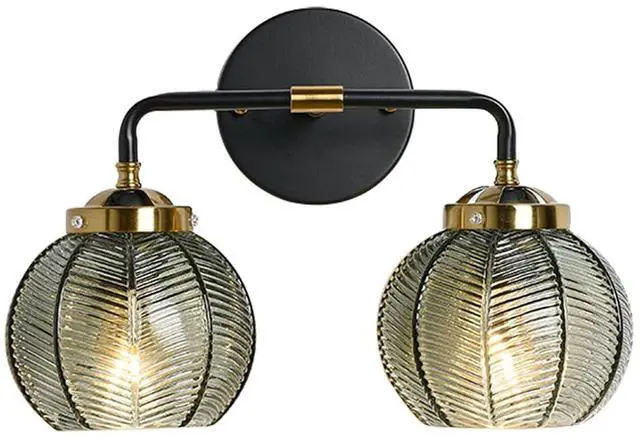 Main image of 2-Light Glass Vanity Light Mid Century Modern Wall Sconces with Green Ribbed Glass Shade Vintage Bathroom Vanity Lights Industrial Wall Lamp for Mirror Bedroom Living Room Hallway