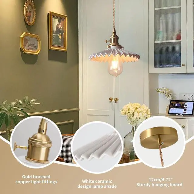 Alt view image 3 of 7 - Ceramic Pendant Light Fixture White Hanging Light Vintage Modern Pendant Lights Scalloped Ceramics Shade Gold Brass Hanging Lights Adjustable Cord Kitchen Island Ceiling Hanging Lamp