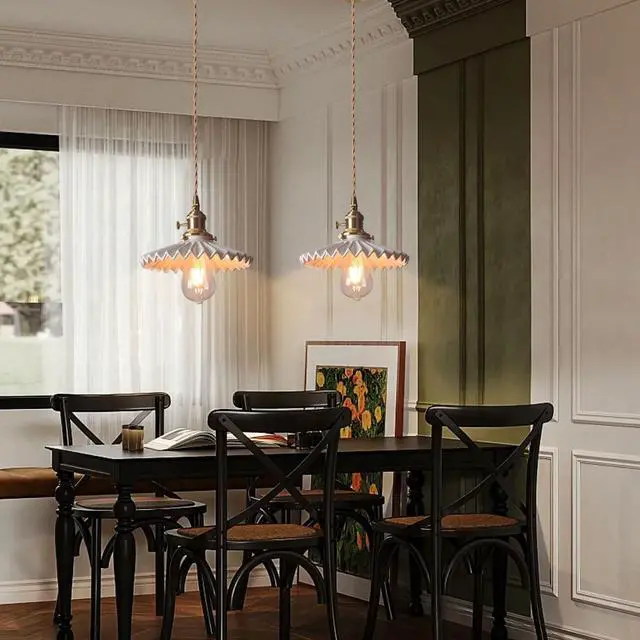 Alt view image 4 of 7 - Ceramic Pendant Light Fixture White Hanging Light Vintage Modern Pendant Lights Scalloped Ceramics Shade Gold Brass Hanging Lights Adjustable Cord Kitchen Island Ceiling Hanging Lamp
