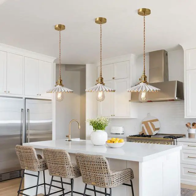 Alt view image 5 of 7 - Ceramic Pendant Light Fixture White Hanging Light Vintage Modern Pendant Lights Scalloped Ceramics Shade Gold Brass Hanging Lights Adjustable Cord Kitchen Island Ceiling Hanging Lamp